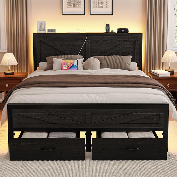 Rustic Queen Bed Frame with Storage Drawers and Barn Door Headboard, Farmhouse LED Bed Frame Queen Size with Charging Station, Metal Industrial Platform Bed Frames, No Box Spring Needed, Black