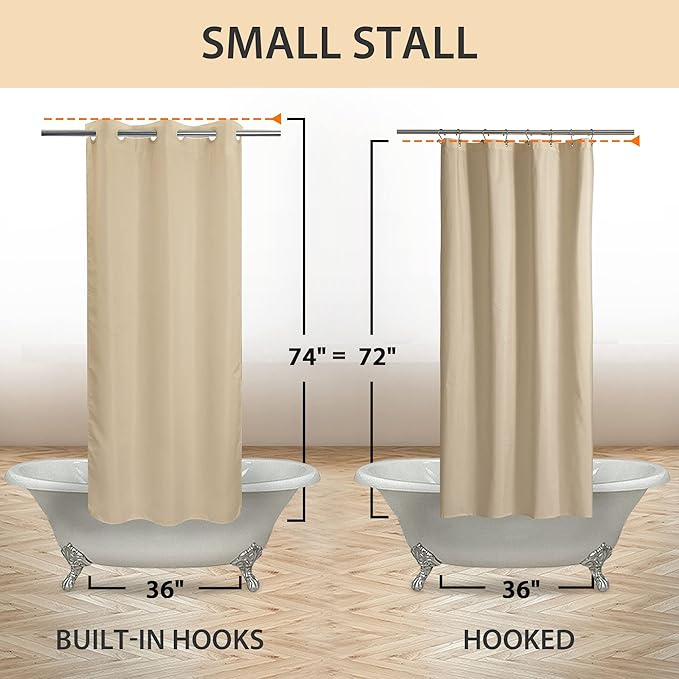 River Dream Stall Size No Hook Beige Shower Curtain Soft Microfiber - 36" Wide Small Fabric Shower Curtain Set for Narrow Stall, Waterproof & Washable, Bottom Magnets, Beige, 36x74