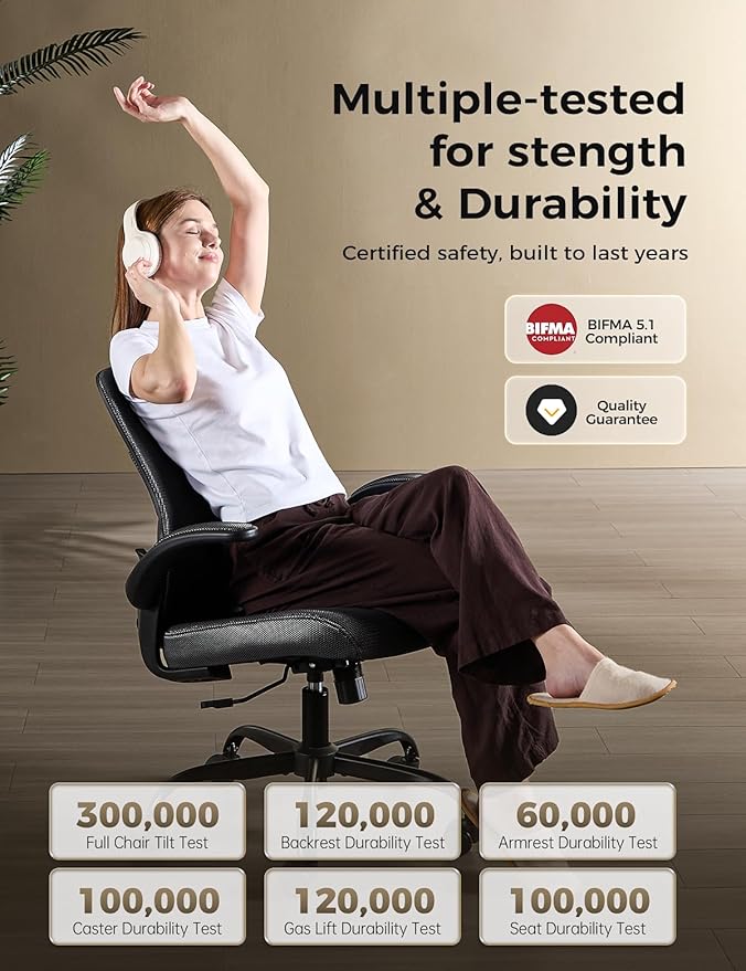 Office Chair, Mesh Ergonomic Desk Chairs, Lumbar Support, Adjustable Height, Flip-up Armrests, Swivel Function and Smooth-Rolling Wheels for Home, Office and Gaming (Black)