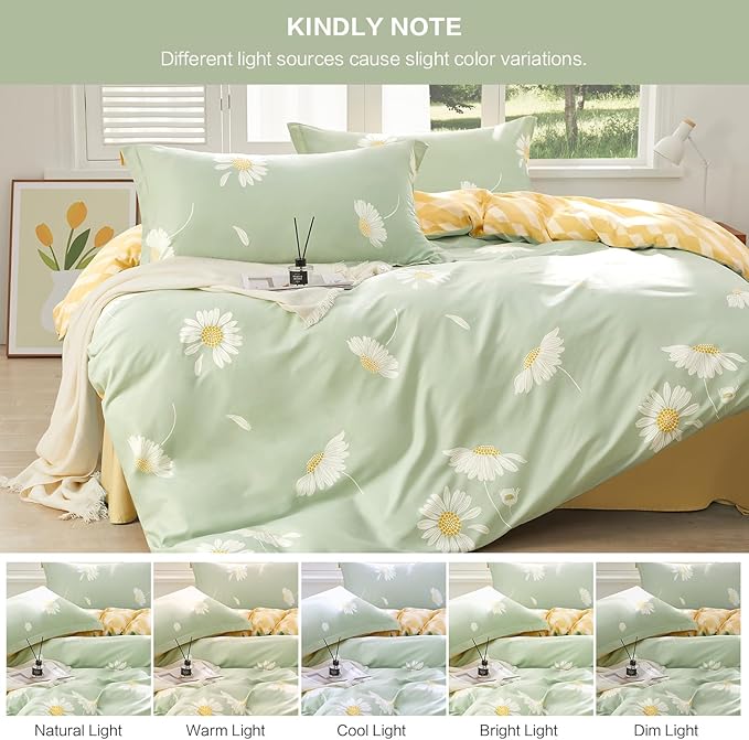 SAPHREAS White Daisy Floral King Size Duvet Cover Set 3pcs Green Bedding Comforter Cover Set 100% Cotton 1 Duvet Cover 104"x90" 2 Pillow Shams, Comforter Not Included