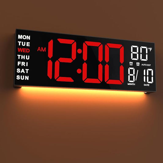 JALL 16" Large Digital Wall Mount Clock, Count Down Timer, Alarm, Big LED, RGB Color, DST, Temperature for Living Room Classroom Desk, Xmas, Birthday Gift for Senior Mom Dad (Red White, 16 inches)