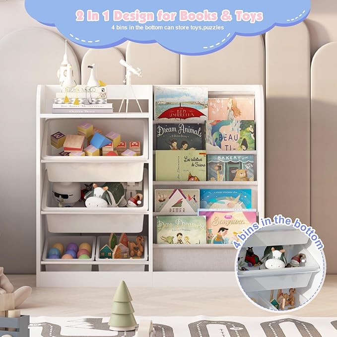 White Kids Wood Bookshelf Toy Storage Box Organizer Shelf W/4 Removable Plastic Toy Bins Children Bookcase Toddler Baby Sling Book Rack Cabinet Chest Girl Boy Gift Playroom Classroom Bedroom Nursery