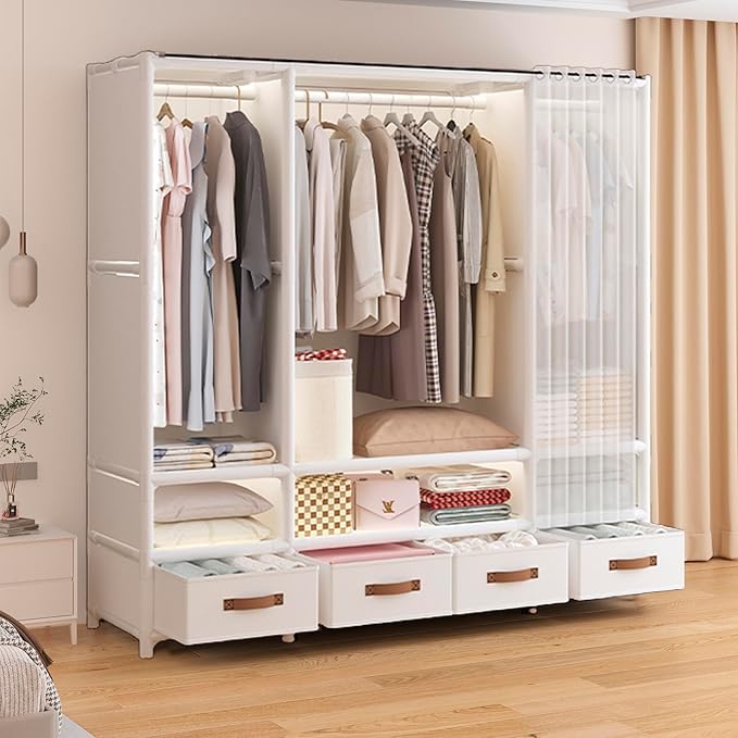 Portable Closet,Portable Closets for Hanging Clothes,Japanese Style Garment Rack Clothing Rack with 4 Drawers,3 Hanging Rods and 6 Storage Shelves,56.2" L x 17.7" W x 65.1" H,White
