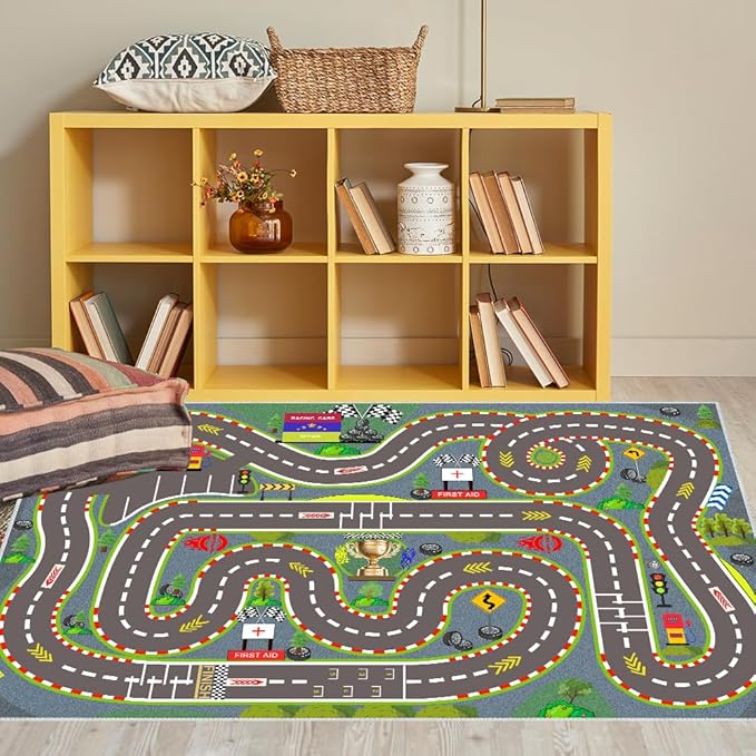 Kids Rug, Race Track Playmat Rugs 118×78 in Kids Carpet with Rubber Backing, Start and Finish line Racing Track Marking Car Road Race 3D Play Mat Nursery Rugs for Children Bedroom Playroom