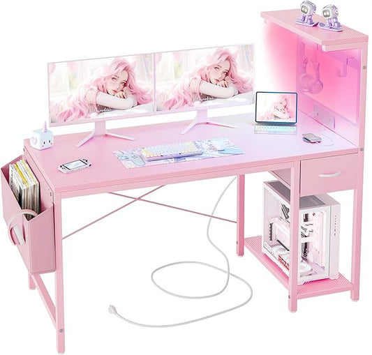 TIQLAB Gaming Desk 47 inch with Power Outlet and LED Light, Computer Desk with Reversible Shelves and Storage Drawer, Small PC Desk for Home Office Table with Bag, Carbon Fiber Pink