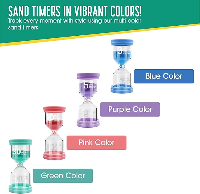Sand Timer for Kids 4 Pack Colorful Hourglass 3min, 5mins, 10mins, 30mins Sand Clock Timer for Classroom, Games and Kids Room