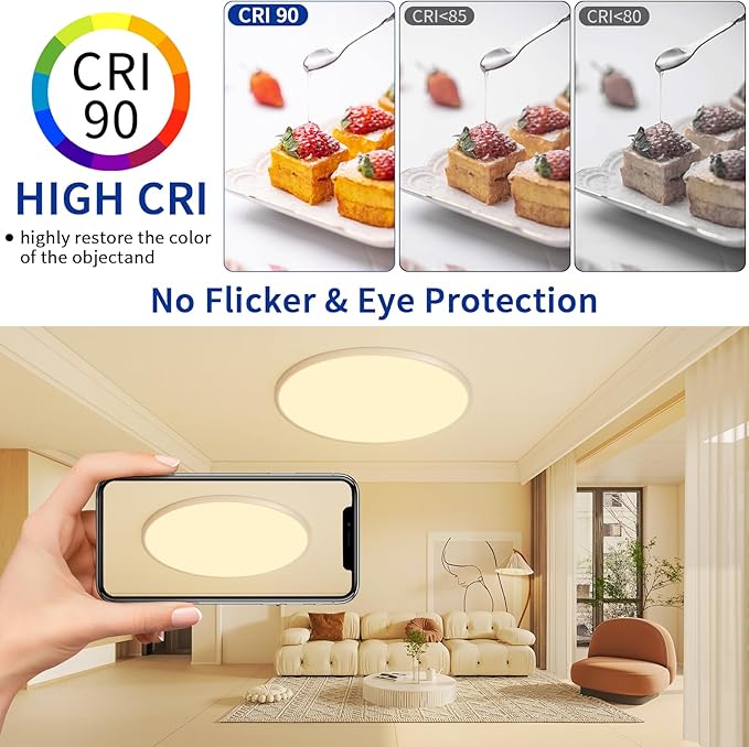 Modern 20'' Led Ceiling Light Fixture, Ultra Thin Flush Mount, Dimmable with Remote Control, 48W, 4800Lumen, Silver, Round, for Bedroom, Living Room, Kitchen, Dining Room, Home Office