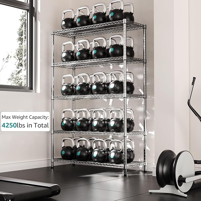 IZEUK 3300 LBS Garage Shelving Wide Storage Shelves 5 Tier Metal Shelves Heavy Duty Adjustable Utility Shelf Rack Chrome 17.7" D x 59.1" W x 70.4" H