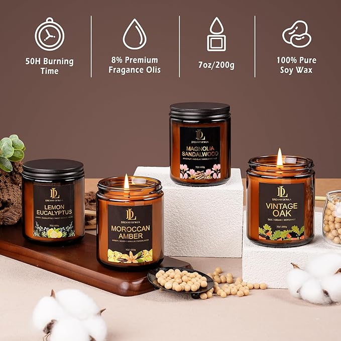 Scented Candle Set, 4 Pack Soy Candles for Home Scented, 200 Hour Burn Time, Candle Gifts for Women Men, Scents of Lemon Eucalyptus/Moroccan Amber/Magnolia & Sandalwood/Vintage Oak