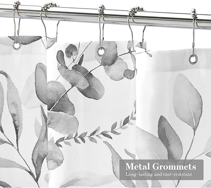MitoVilla Grey Spring Floral Shower Curtain, Modern Plants Botanical Fabric Cloth Shower Curtains for Chic Elegant Bathroom Decor, Summer Watercolor Eucalyptus Leaf, 72x72