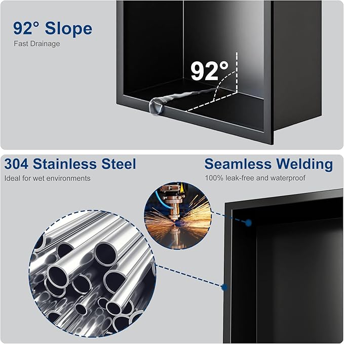 Stainless Steel Shower Niche 24" X 12", No Tile Needed Wall Niche, Recessed Shower Shelf for Bathroom Storage, Matte Black