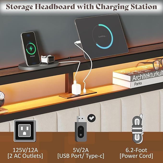 King Bed Frame with LED Light and Charging Station, Velvet Upholstered Headboard with Storage Shelf, Heavy Duty Metal Slats/No Box Spring Needed/Easy Assembly, Beige