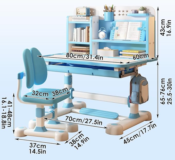 Gifts for Kids, Kids Desk and Chair Set, Desk for Kids 3-12, Multi-Functional Storage and Spacious Desktop for Learning, Painting, Eating, DIY Crafts Blue Gift for Friends