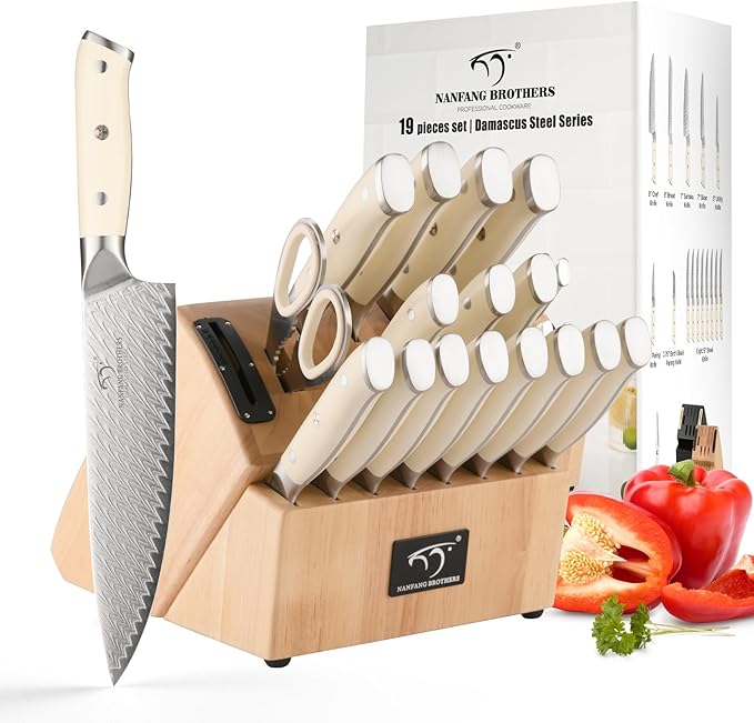 NANFANG BROTHERS Knife Set, 19-Piece Damascus Kitchen Knife Set with Block, ABS Ergonomic Handle for Chef Knife Set, Knife Sharpener and Kitchen Shears, Knife Block Set