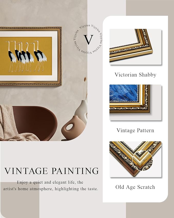 VIYYIEA Gold Framed Wall Art Canvas Print Home Decor, Vintage Cranes Wall Art for Living Room, Vintage Animal Oil Painting Picture, Print Framed Home Decor, Bathroom Wall Decor Seven Cranes 16x20in