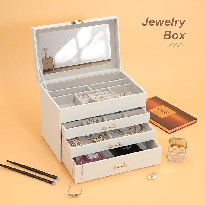 Jewelry Box with Mirror，Jewelry Holder Organize with 3 Drawer，4-Layer Jewelry Box for Women Girls，Large Jewelry Storage Box. (White