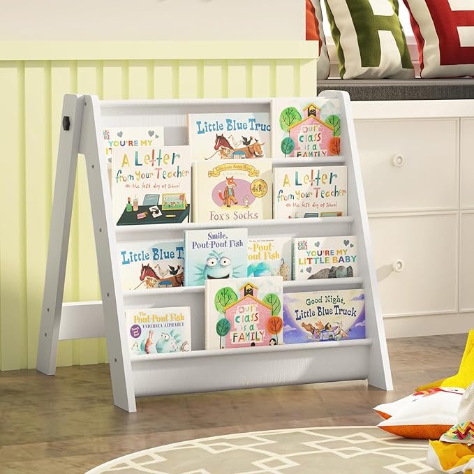 NACHES 4-Tier Foldable Kids Bookshelf, Large Capacity Montessori Sling Bookcase with 4 Deep Fabric Pockets, Magazine and Book Storage Rack for Nursery, Kids Room, Bedroom, Playroom (White)