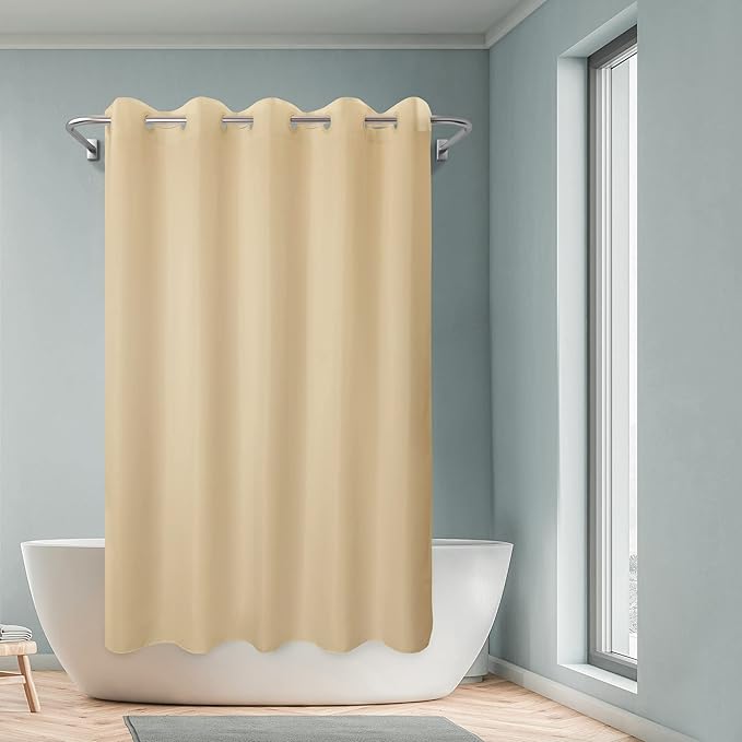 Fabric Shower Curtain No Hooks & Liner Needed - Soft Waterproof Hotel Cloth Shower Curtain Washable with Hooks Built-in, Beige, 71x74 Standard Size