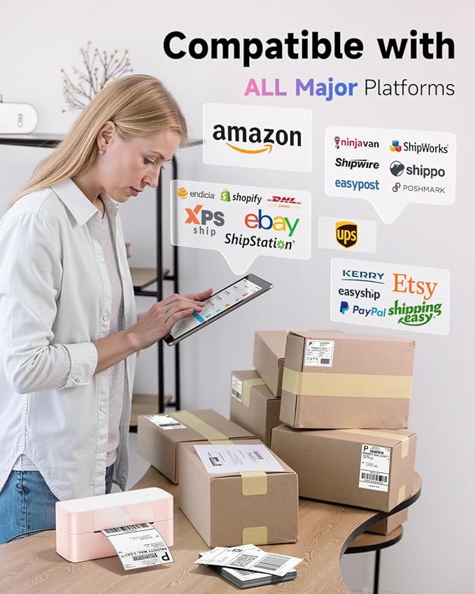 Bluetooth Thermal Label Printer Pink, Wireless 4x6 Thermal Shipping Printer Pink for Small Business & Shipping Package, Desktop Printing, Compatible with Amazon, Ebay, Shopify, Etsy, USPS