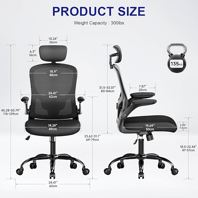 Multi-Adjustable Ergonomic Office Chair, Study Chair, Summer Mesh Comfortable High Back Chair, Headrest, Lumbar Support, Armrest, Seat Height.（Black）
