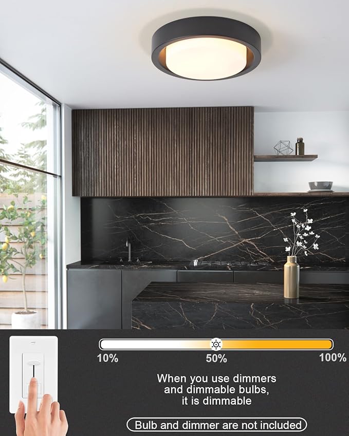 16 Inch Flush Mount Ceiling Light,3-Lights Black Finish with Frosted Glass Shade,Round Ceiling Light Fixture for Bedroom Livingroom Kitchen