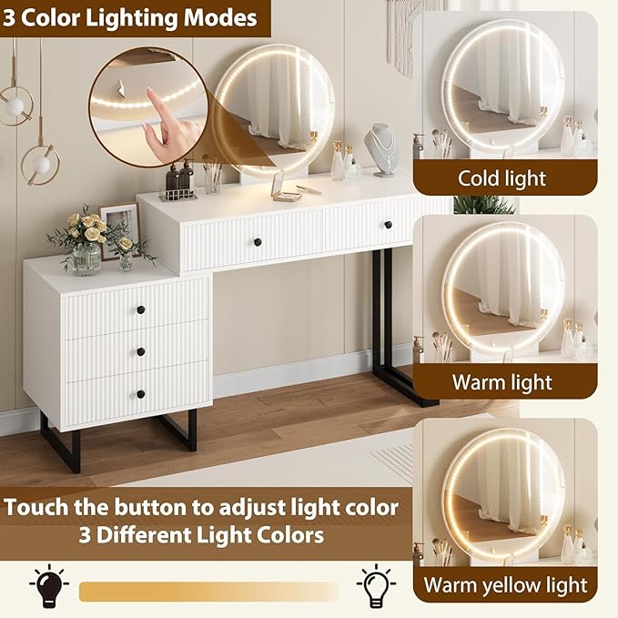 IDEALHOUSE Vanity Desk with Mirror and Lights, 49.2”H Makeup Vanity with 3 Color Lights and Adjustable Brightness, Bedroom Vanity Table with 5 Drawers, White
