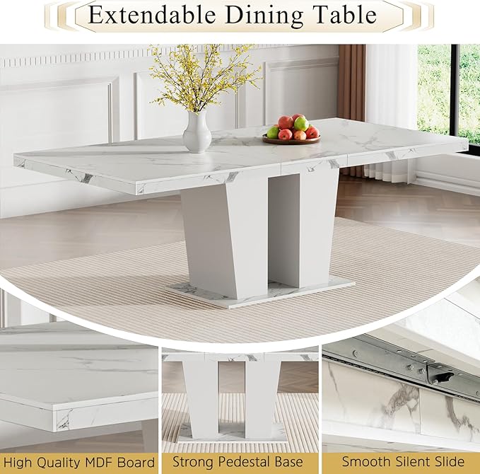 Goujxcy 7-Piece Extendable Dining Table Set for 6-8 People 63-78 Inch Kitchen Table Set with 6 Grey Upholstered Chairs Modern White Faux Marble Rectangular Dining Room Table Set for Kitchen Apartment