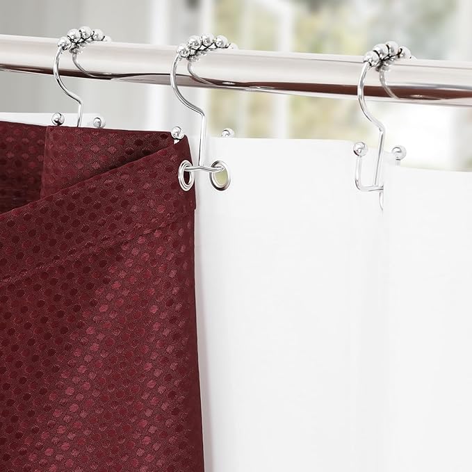 3 in 1 Long Burgundy Shower Curtain Set-72 W x 78 H, Modern Waffle and PEVA Liner Set with 12 Stainless Steel Hooks, Waterproof Fabric for Bathroom
