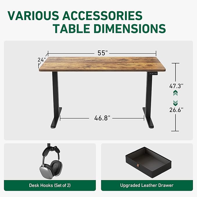 FEZIBO 55 x 24 Inches Standing Desk with Drawer, Adjustable Height Electric Stand up Desk with Storage, Sit Stand Home Office Desk, Rustic Brown