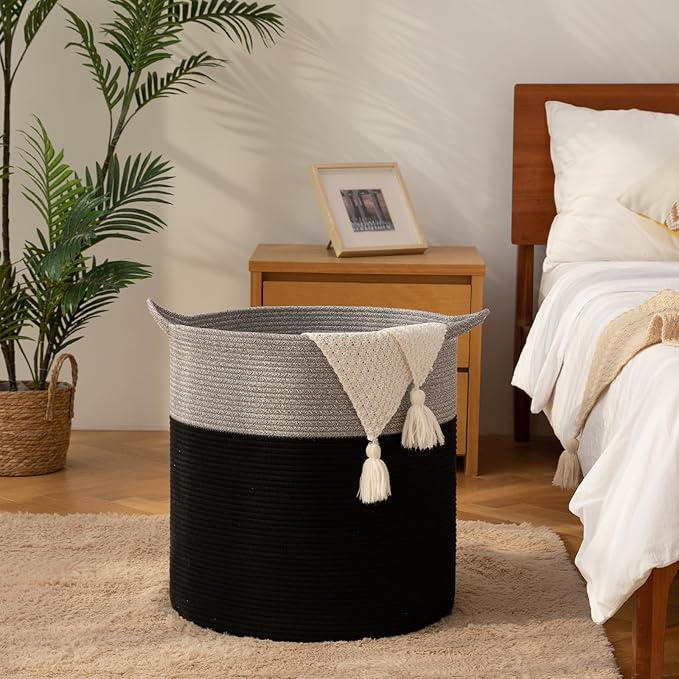 Laundry Basket, 100L Large Laundry Hamper, Tall Woven Rope Storage Basket for Blanket Toys Pillows Towels, Baby Nursery Hamper Bin for Living Room, Bedroom (Black & Grey)