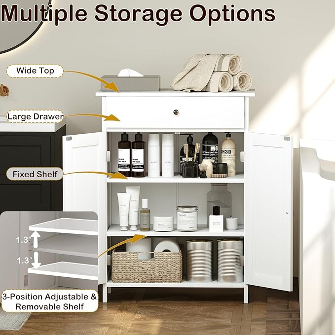 Tangkula Bathroom Storage Cabinet, Freestanding Floor Organizer w/ 2 Doors, 1 Drawer & 1 Adjustable Shelf, Modern Home Bathroom Furniture for Living Room Entryway Kitchen (Cabinet & Drawer, White)