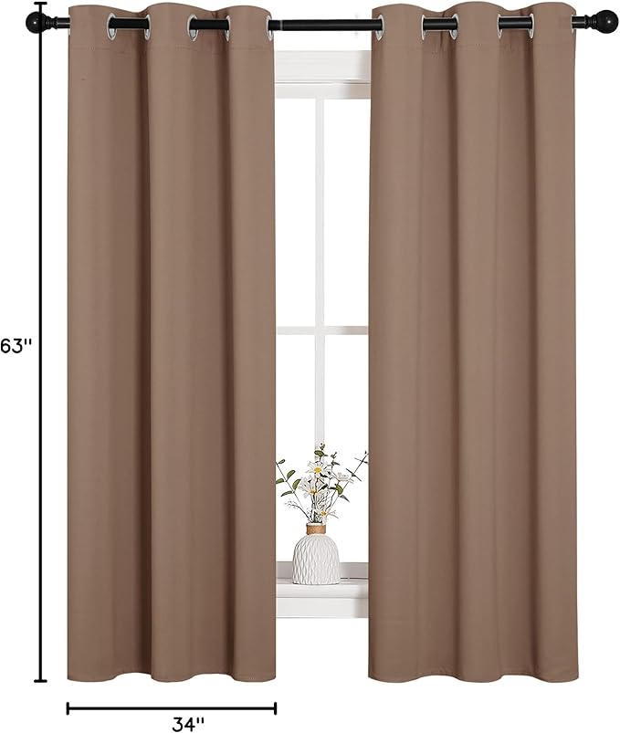 NICETOWN Blackout Window Curtains and Drapes for Kitchen, Window Treatment Thermal Insulated Solid Grommet Blackout Drapery Panels (Set of 2 Panels, 34 by 63 Inch, Cappuccino)