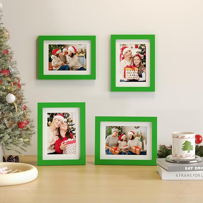KINLINK 6x8 Picture Frame Grass Green, Solid Wood Frames with Acrylic Plexiglass for Pictures 4x6 with Mat or 6x8 without Mat, Tabletop and Wall Display Photo Frame, 4 Pack