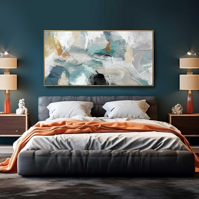 Wall Art Living Room Decorations 24"x48" Teal Wall Art Abstract Paintings Modern Framed Art Room Decor for Bedroom Kitchen Office