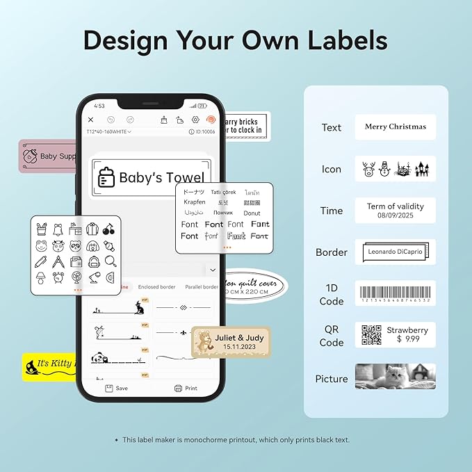 NIIMBOT Label Maker Machine D11 Label Printer Portable Wireless Connection Multiple Templates Available for Phone Easy to Use Office Home Organization USB Rechargeable