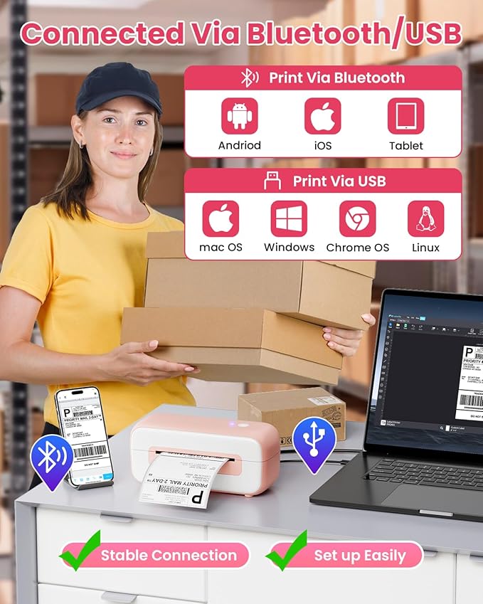 Phomemo Label Printer - 4x6 Thermal Printer for Small Business & Shipping Package, Bluetooth Shipping Label Printers Compatible with Android & iOS,Widely Used for Amazon, Ebay, Shopify, UPS- Pink