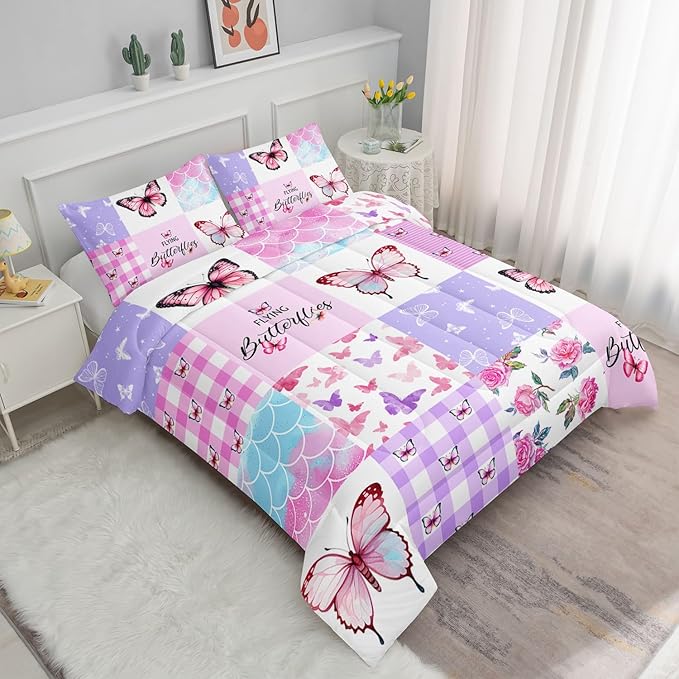 Kids Comforter Set Mermaid Scale Butterfly Printed Pattern Bedding Set with 1 Comforter and 2 Pillowcases for Girls Boys Bedroom All Season(Mermaid1 Twin)