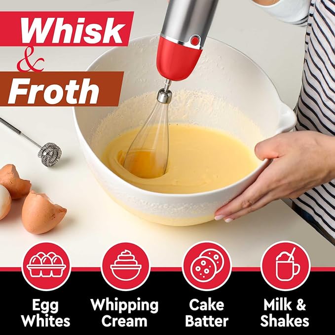 Mueller Multistick 800W 5-in-1 Immersion Blender Handheld, 12 Speed Hand Mixer - Turbo Boost, Heaviest Duty Copper Motor, Titanium Blades Hand Blender, Milk Frother Wand, Red Kitchen Accessories