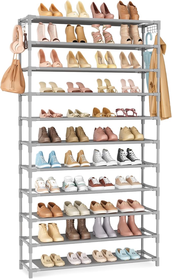 11 Tiers Tall Wide Shoe Rack 55 Pairs Large Capacity Sturdy Durable Shoe Rack for Closet Metal Shoe Organizer Shelf with Two Hooks Space Saving for Entryway Grey