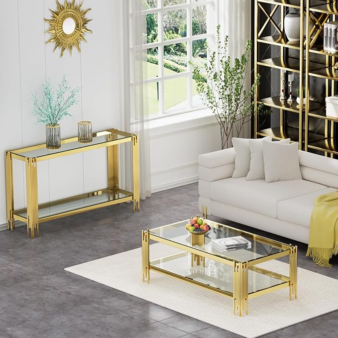 Glass Gold Coffee Table Set of 2,Modern Rectangle Coffee Table and Console Table w/Storage,Glass Coffee Table Set with Steel Frame,2 Pieces Living Room Table Set for Apartment Home Office