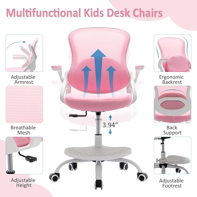 Kids Desk Chair,Ergonomic Study Chair with Adjustable Height,Swivel Mesh Desk Chair with Wheels,Home Office Chair for Children in Home Bedroom Pink