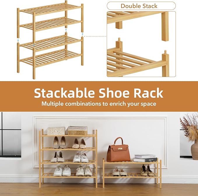 2 Tier Bamboo Shoe Rack Storage Organizer for Closet, Multifunctional Stackable Free Standing Shoe Shelf Organizer for Small Space,Entryway,Hallway,Bathroom 27"x11"x13"(Natural, 2 Tier)