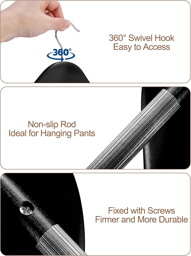 HOUSE DAY High-Grade Suit Hangers, Wide Shoulder Wooden Hangers with Non Slip Pants Bar, Smooth Finish 360° Swivel Hook Solid Wood Coat Hangers for Dress, Jacket, Heavy Clothes Hanger 6 Pack (Black)