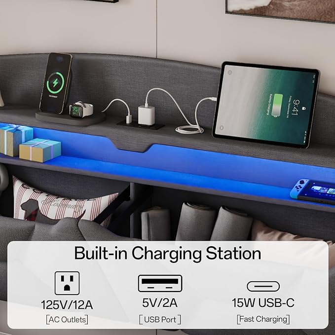 Queen Size Bed Frame, Queen Bed Frame with Storage Drawers, Upholstered Bed Queen Size with Charging Station and LED Lights, Easy Assembly, Grey