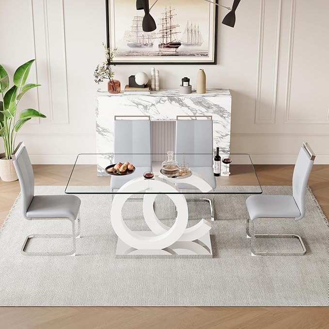 63'' Glass Dining Table Set for 4, Kitchen Table Chairs Set of 4, Clear Glass Dining Table with White unique design Leg and Silver Metal Base, 4 PU Dining Chairs with Metal Legs, Living Room, Kitchen.