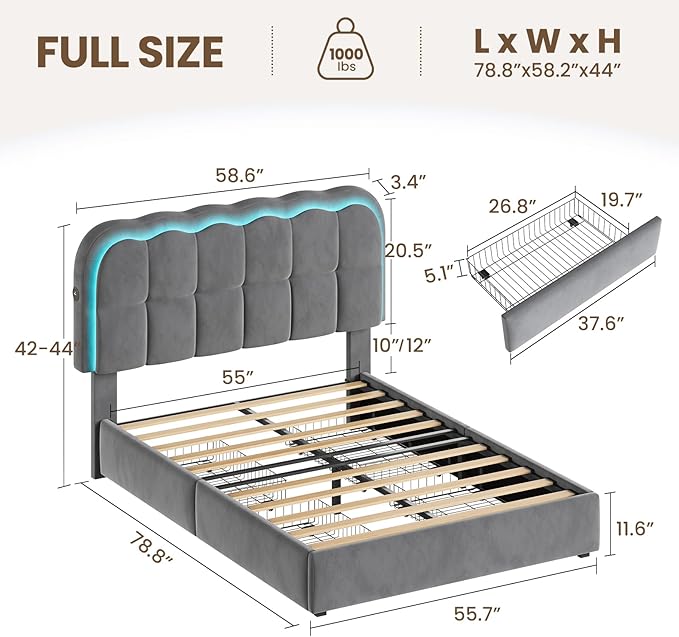 Full Size Bed Frame with 4 Storage Drawers and LED, Adjustable Clouds Headborad, Velvet Upholstered Platform Full Bed Frame with Charing Station, Wood Slats Support, No Box Spring Needed,Grey