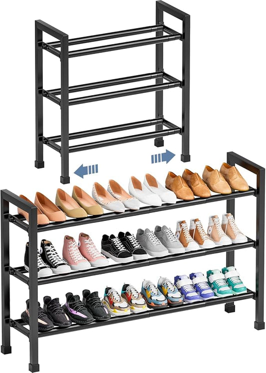 Mavivegue 3 Tier Expandable Shoe Rack for Closet, 19“- 43” Adjustable Shoe Rack for Entryway, Shoe Shelf, Black