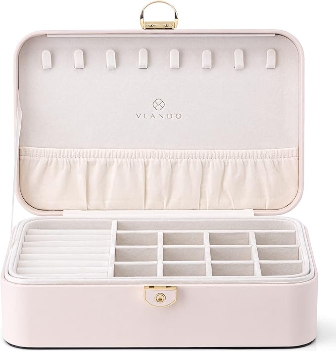 Vlando 2-Layer Jewelry Box,Valentines Day Gifts for Her Jewelry Organizer for Women Removable Jewelry Tray for Earrings Necklace,Gift Ideas,Birthday Graduation Gifts Apricot Pink