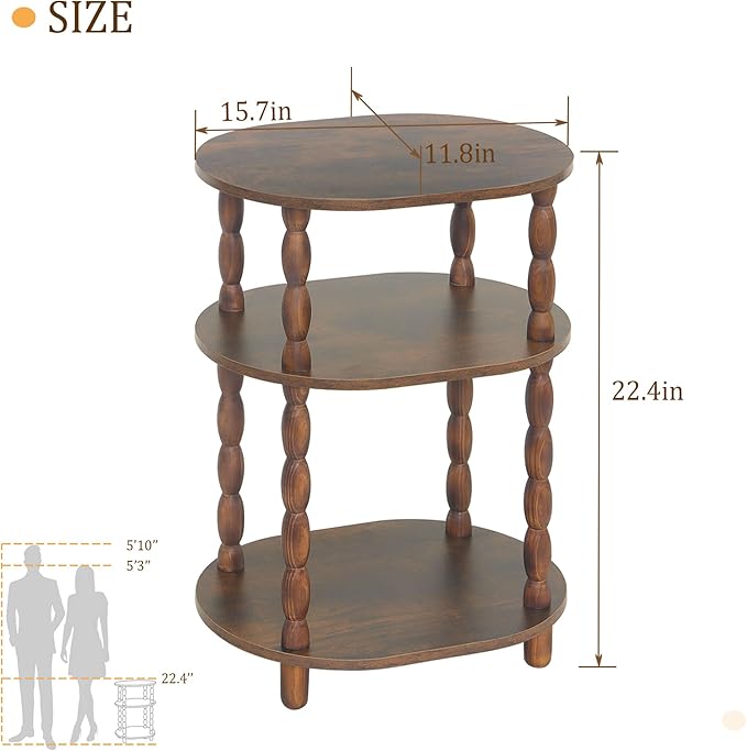 MaxSmeo Side Table, 3-Tier Small End Table, Modern Oval Night Stand Accent Table for Living Room, Bedroom, Rustic Brown