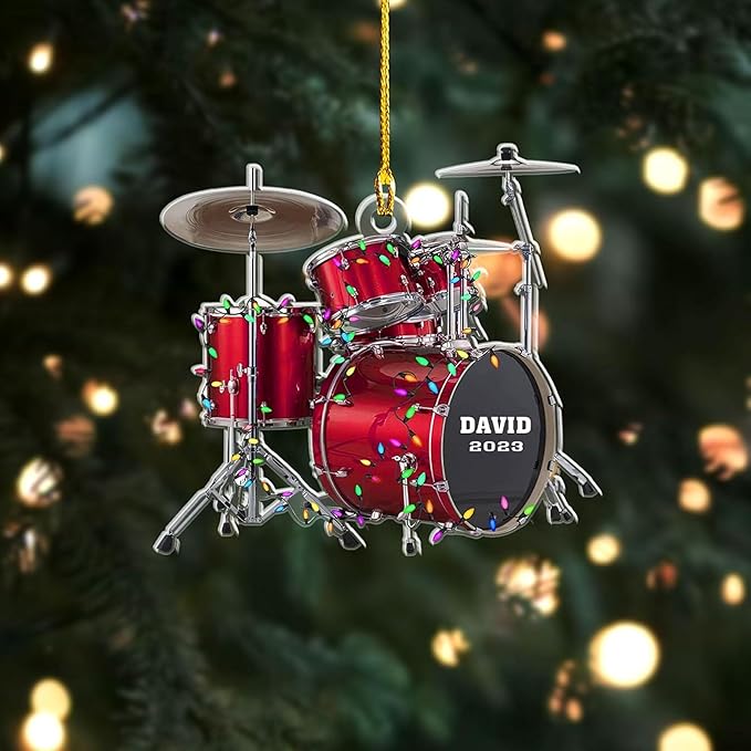 NAZENTI Drum Ornament, Custom Music Christmas Decor, Personalized Percussion Holiday Acrylic Piece, Player Silhouette Hanging Gift, Band Keepsake
